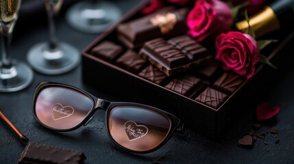 Valentines chocolates, champagne glasses, roses, and glasses on dark surface