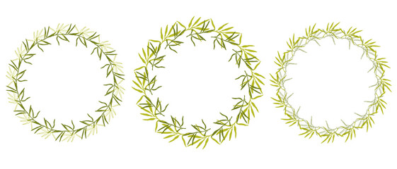 round frame wreath of green olive branches, hand drawn olive branches for your designs, set of simple olive branches frames