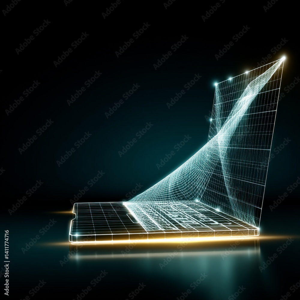 Poster Abstract Laptop Design with Luminous Grid and Lines, Futuristic Technology Representation on Dark Background
