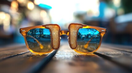 Toast-shaped sunglasses outdoor cafe reflection