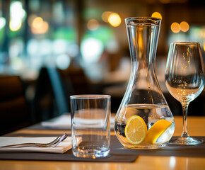 a photograph of a table in an expensive restaurant with a carafe of water with lemon inside and a clear glass on it