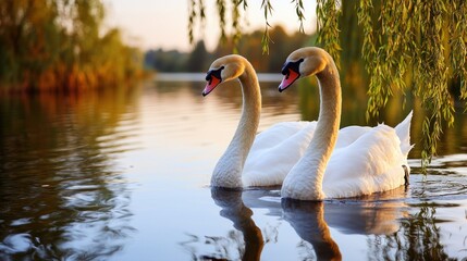 Two swans on a lake at sunset, willow branches overhead