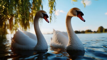 Two swans on a lake at sunset, willow tree backdrop.  Possible use nature, romance, serenity