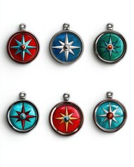 A vibrant collection of six unique compass charms, each showcasing a distinct color. The charms feature intricate designs, perfect for adding a touch of adventure to jewelry or crafts.