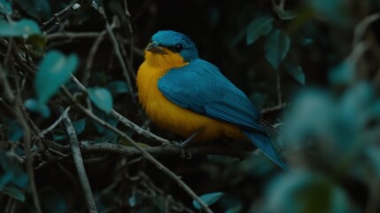 Obraz premium A Colorful Songbird Is Perched On A Branch Among Foliage