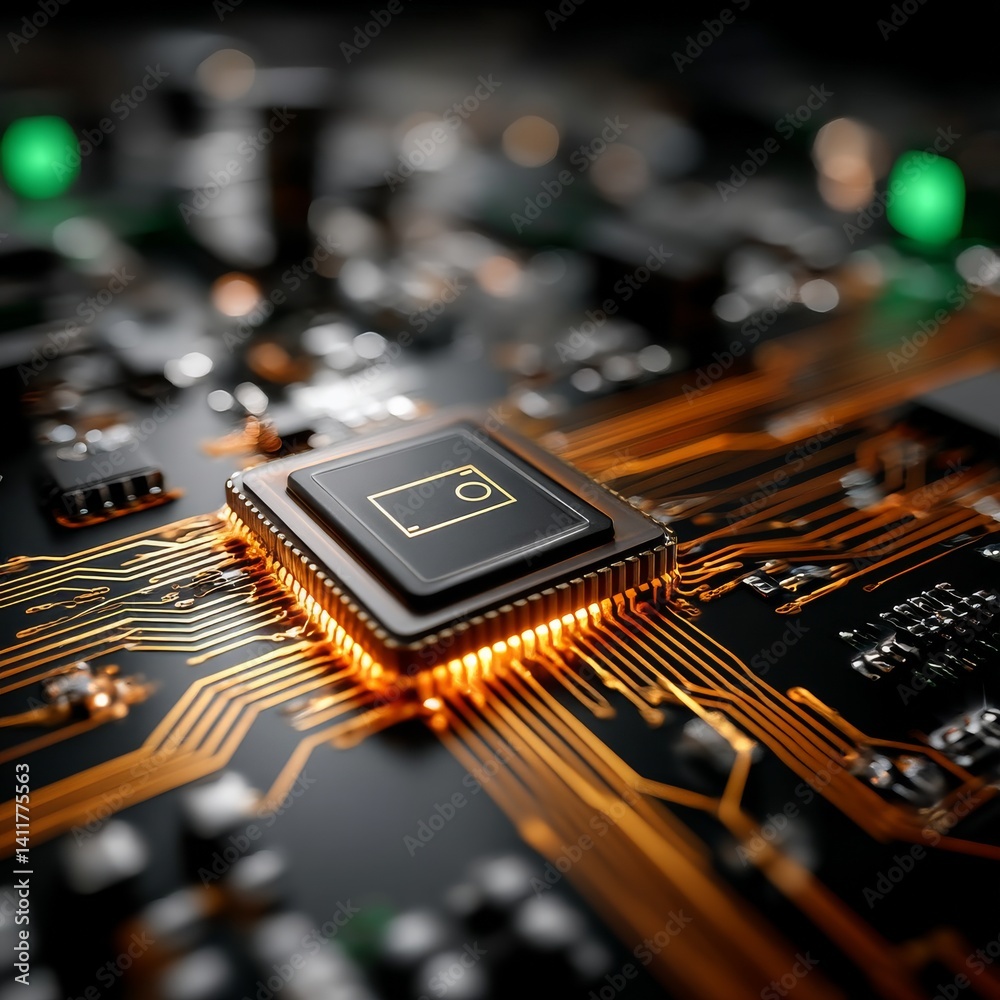 Poster Advanced Microchip on Circuit Board: High-Tech Innovation and Electronic System Design with Glowing Golden Traces