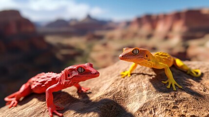 Colorful lizards on desert rock, canyon background