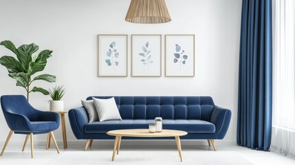 Clean Design. Modern Blue Interior with Sofa, Curtains, and Armchair