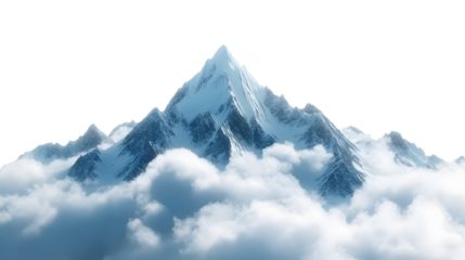 A majestic snowy mountain peak rising above fluffy clouds, showcasing natural beauty and serenity in a breathtaking alpine landscape.