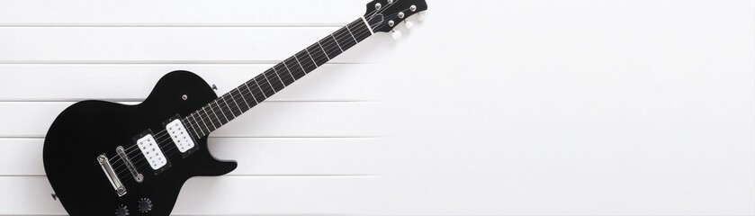 Fototapeta premium Minimalist Black Electric Guitar Lying on White Piano Keys in a Modern Music Studio Setting with Space for Creative Design or Advertising Use