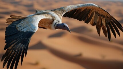 Desert Vulture in Flight over Sand Dunes