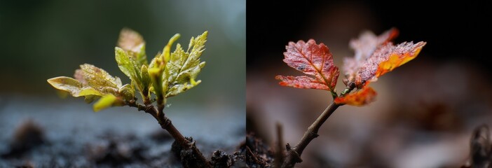 Split-frame contrast of summer seedling growth and winter dormancy with autumn-to-spring transition, chromatic timelapse effect for ecology education and seasonal branding.
