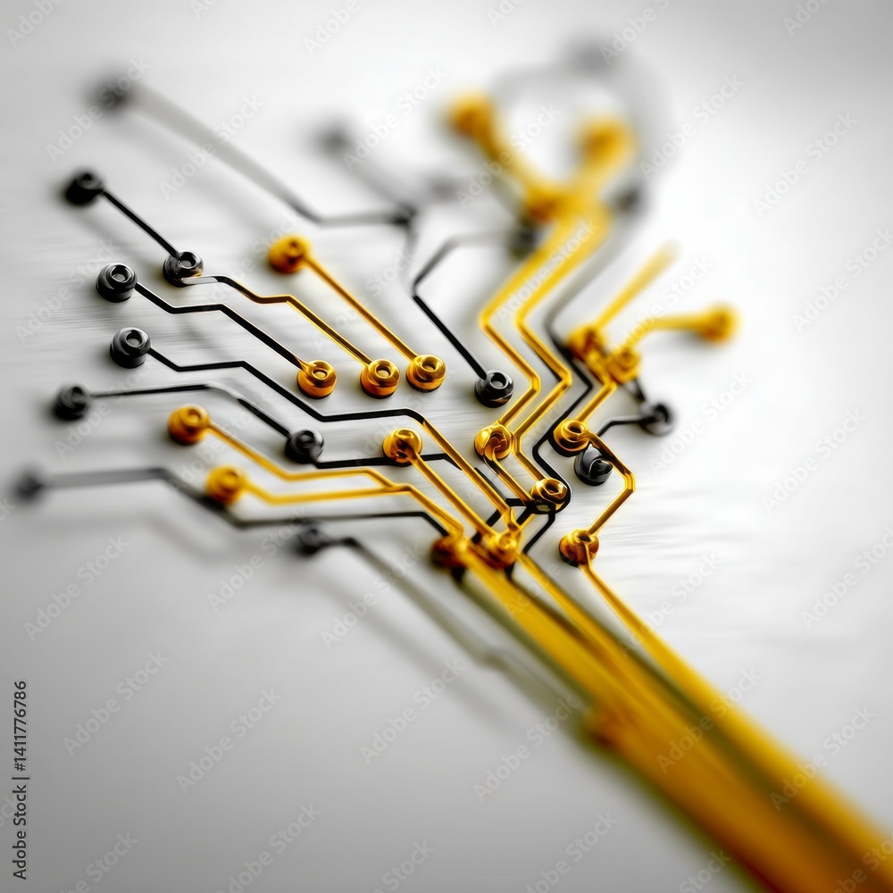 Poster circuit board close-up: abstract gold and black technology design on a clean white surface with dept