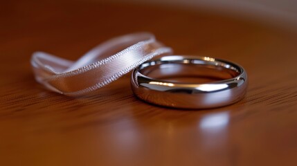 Wedding rings tied with ribbon on wooden table
