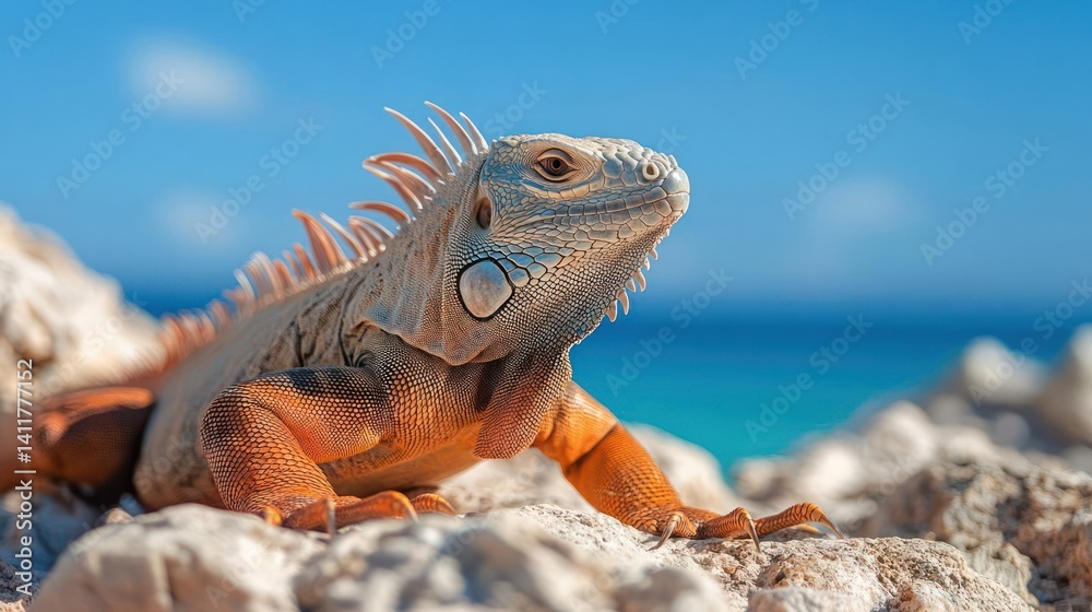 Poster detailed eye-level shot captures a large orange iguana with spiky scales basking on weathered rocks.