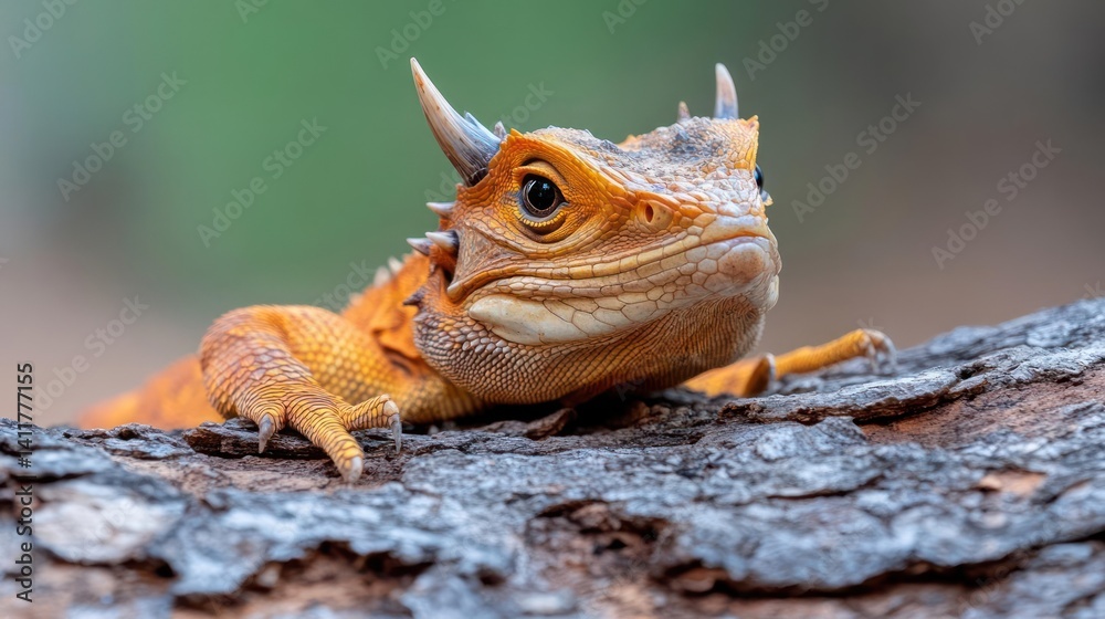Poster detailed closeup of an orange spiny lizard with horns sitting atop a textured gray tree branch, set 