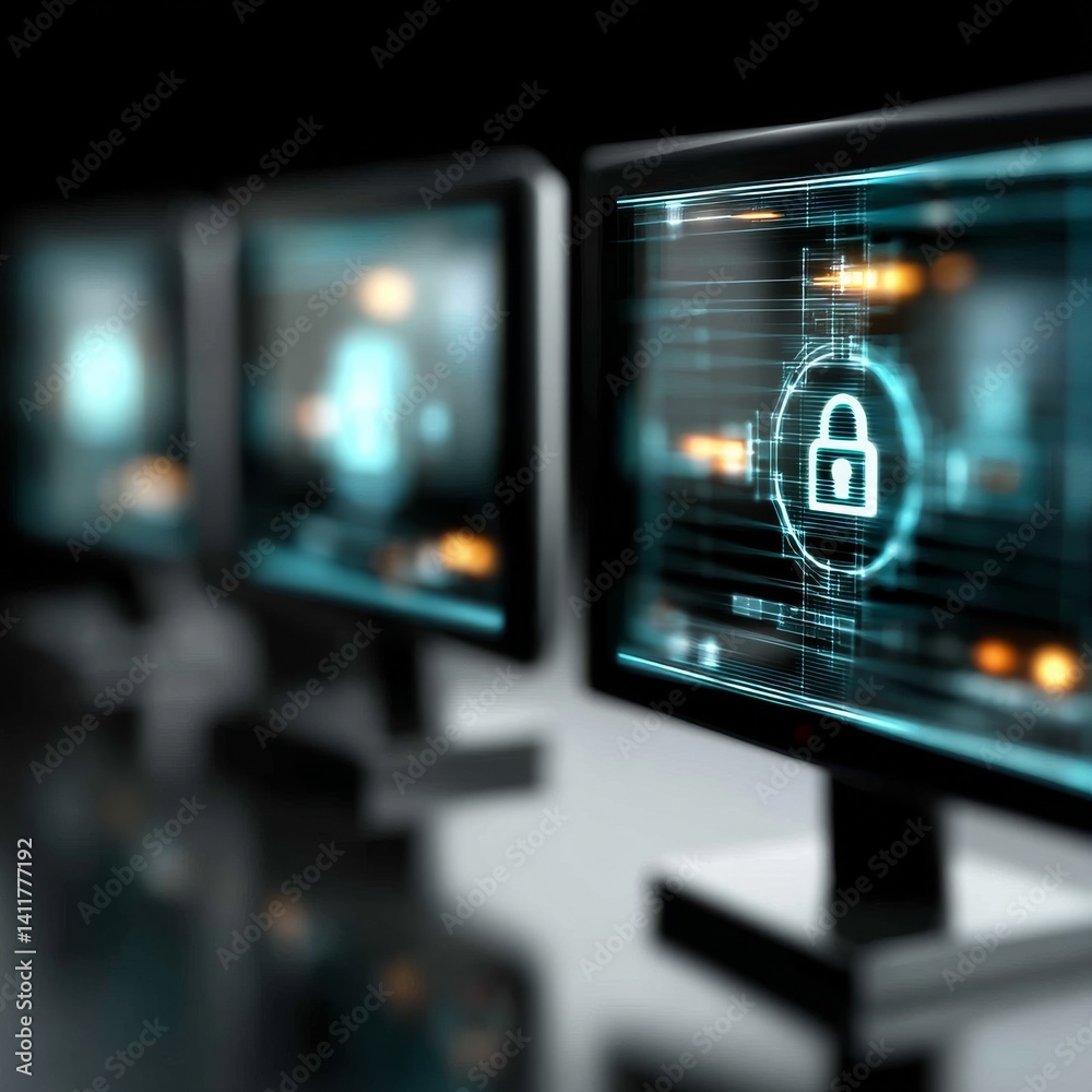 Fototapete data security network: computer monitors with a glowing padlock, symbolizing privacy and protection.