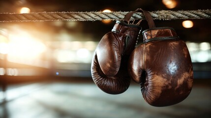Vintage boxing gloves hanging on ropes in a dimly lit arena
