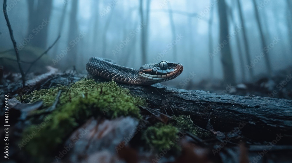 Aufkleber detailed close up of a snake coiled on a log with green moss in a dim forest. the foreground is cove