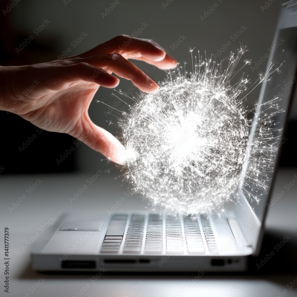 Poster digital connection: hand interacting with light burst emerging from laptop screen, technology and in