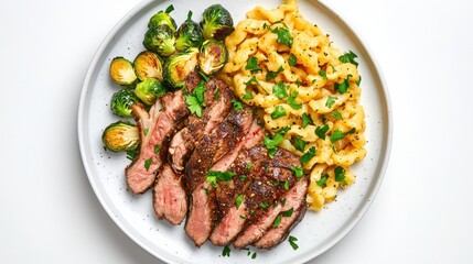 Fototapeta premium A hearty plate featuring grilled beef strips, creamy pasta, and sautéed Brussels sprouts, garnished with fresh herbs.