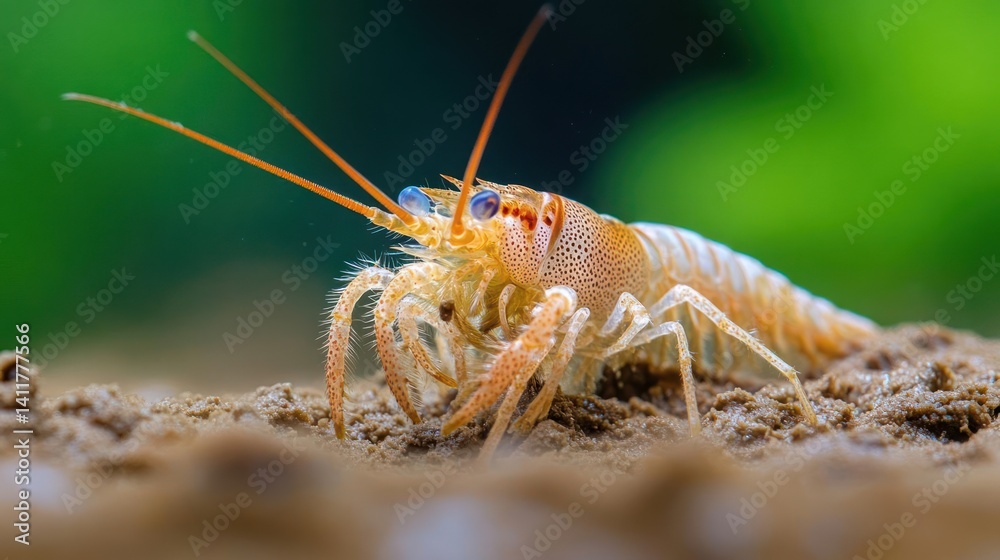 Poster a vibrant close up shot displays a small, orange shrimp with delicate antennae and intricate marking