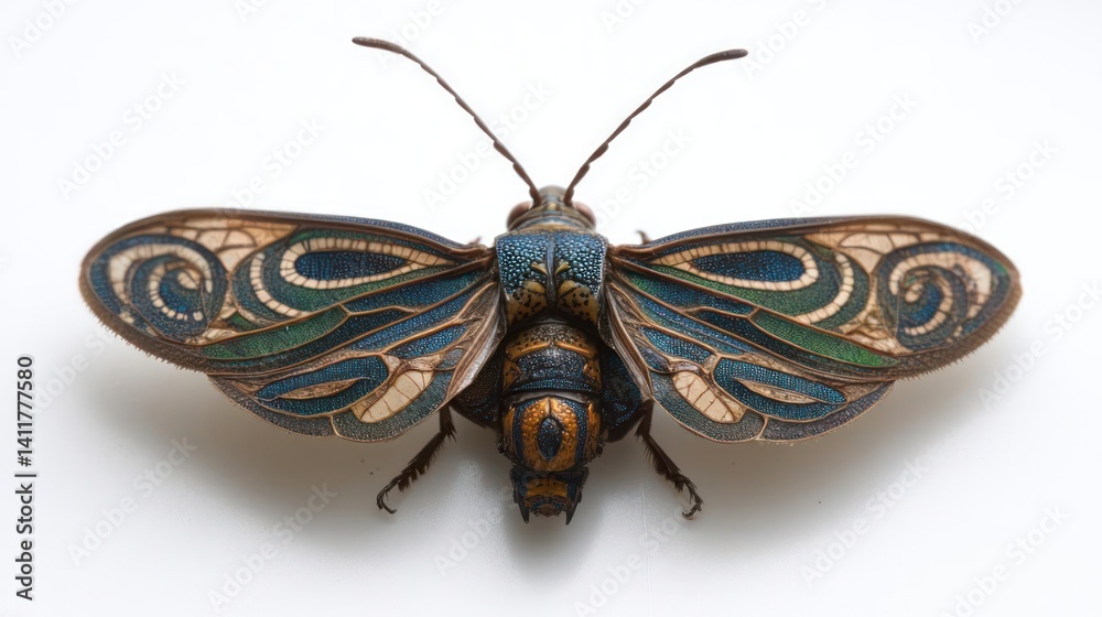 Poster close-up studio shot on a white background of a beautiful moth with a patterned wings in shades of b