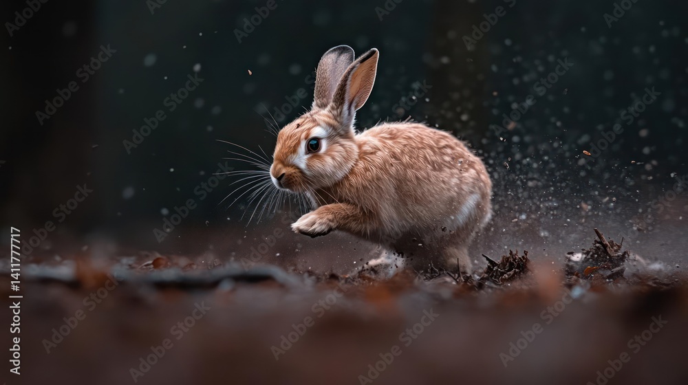 Poster a light brown rabbit runs through the forest floor scattering mud and droplets. the rabbit is captur
