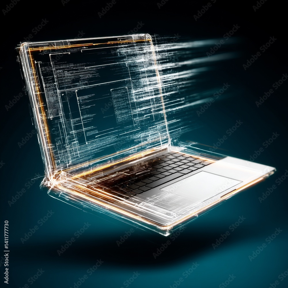 Poster futuristic laptop: data streaming and processing power, depicts cutting-edge technology with high-sp
