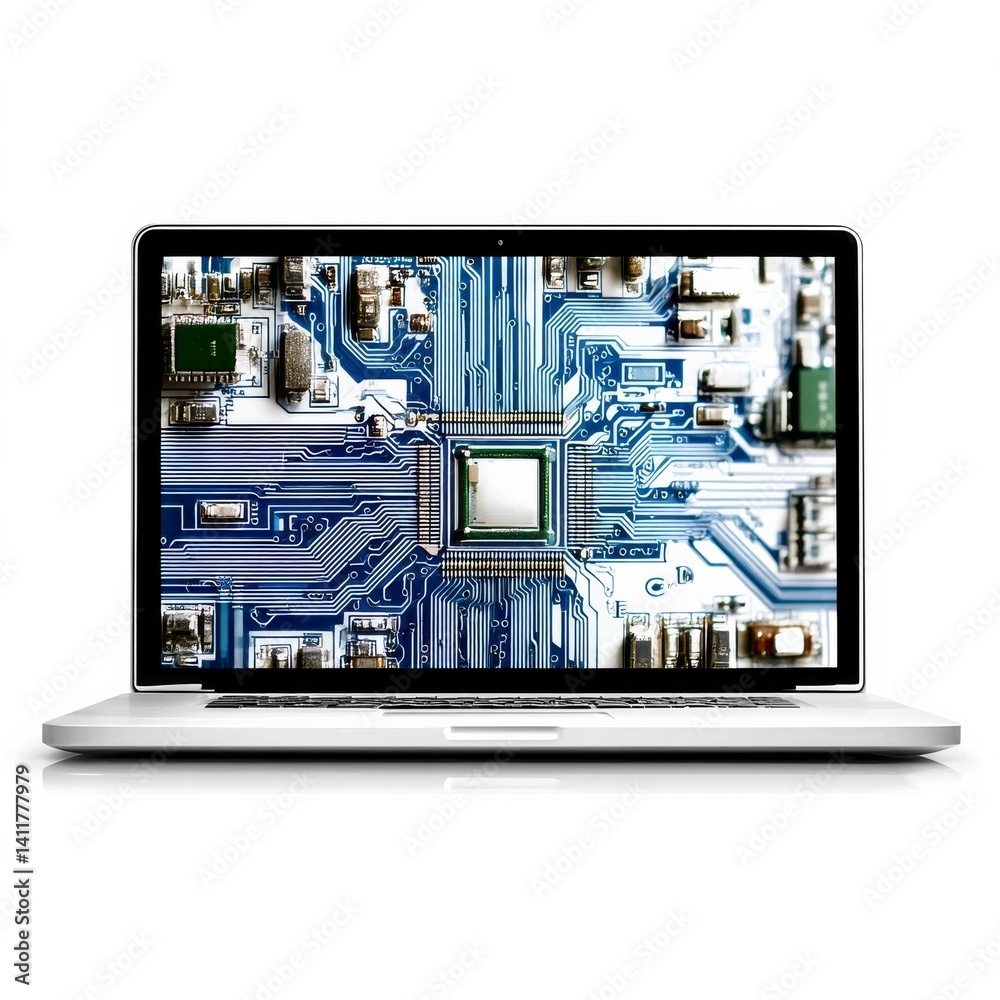 Aufkleber laptop displaying a detailed circuit board: a modern technology showcase on isolated white backgroun