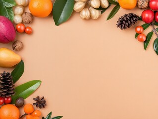Colorful festive border of fruits vegetables pinecones berries and leaves on beige background for celebration or holiday decoration design