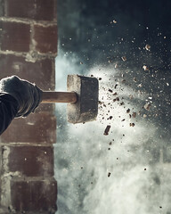 Demolition specialist using a sledgehammer to break a brick wall. Featuring power and precision