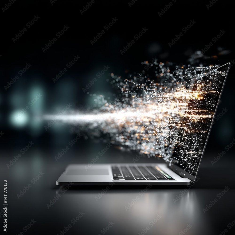 Poster Laptop Unleashing Data Stream: A Modern Technology Concept Representing Connectivity and Innovation in the Digital Age.