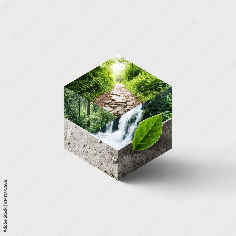 Aufkleber nature's essence: a geometric display of forest path, waterfall, and verdant leaf on a concrete cube