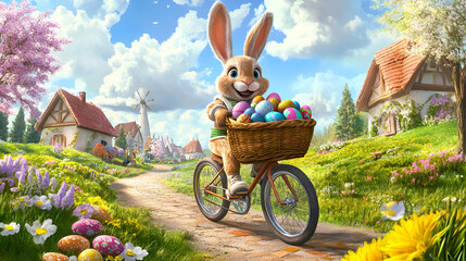 Easter bunny riding bicycle with eggs in basket on village path