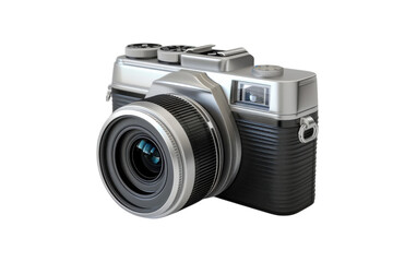 A vintage-inspired silver camera sits elegantly on a neutral backdrop, showcasing its sleek design and modern photographic capabilities isolated on transparent background