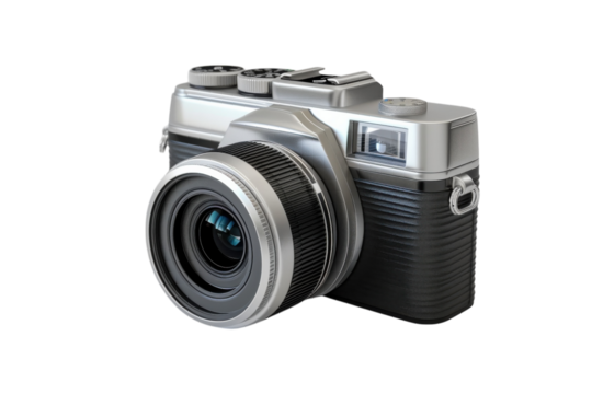 A vintage-inspired silver camera sits elegantly on a neutral backdrop, showcasing its sleek design and modern photographic capabilities isolated on transparent background