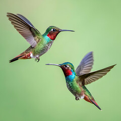 Fototapeta premium Hummingbirds, full-frame image of two hummingbirds in flight, captured mid-hover with iridescent feathers shimmering in the light, surrounded by vibrant flowers and lush greenery.