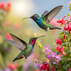 Fototapeta premium Hummingbirds, full-frame image of two hummingbirds in flight, captured mid-hover with iridescent feathers shimmering in the light, surrounded by vibrant flowers and lush greenery.