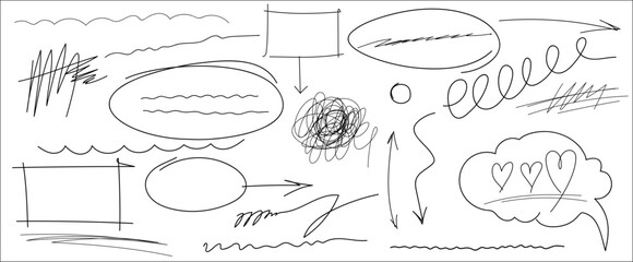 Highlights, grunge lines, crayon scribbles, hand drawn arrows, scrawls, rough brush charcoal pen strokes, text underline strokes and emphasis marks. Set of Sketches of ellipse, rectangle, oval, mark