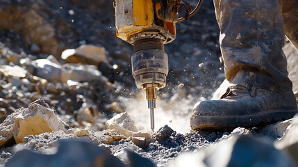 Mining laborer using a pneumatic drill to break apart rocks containing lithium ore at the site. Featuring pneumatic drilling