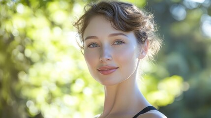 Naklejka premium Woman with radiant skin, serene expression, embodying natural beauty and tranquility 