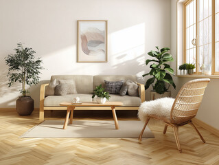 Fototapeta premium 観葉植物と木製家具に囲まれた北欧風の居心地よいリビングルーム