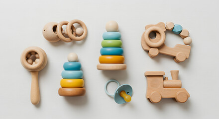 A charming collection of natural wooden baby toys and a pacifier, thoughtfully arranged in a flat lay composition.