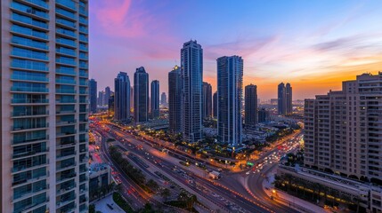 Fototapeta premium Dubai Skyline Sunset Cityscape Aerial View