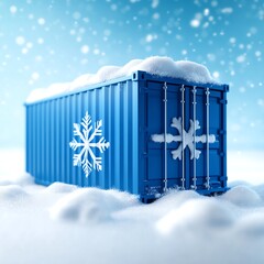Snow-covered shipping container with a snowflake design on a winter background.