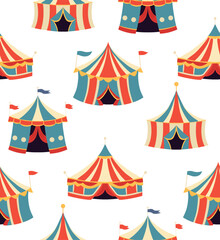 Vector festive seamless pattern with circus vintage tents on white background. Cheerful texture with colorful carnival marquees for wrapper and wallpaper