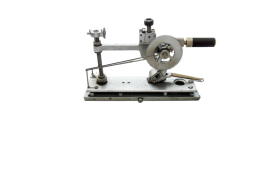 An intricate drafting tool rests on technical blueprints, showcasing precision design in a sunlit workspace isolated on transparent background