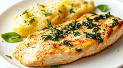 A plate featuring grilled chicken breast garnished with fresh rosemary, accompanied by a generous serving of creamy mashed potatoes.