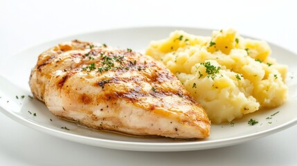 A plate featuring grilled chicken breast garnished with fresh rosemary, accompanied by a generous serving of creamy mashed potatoes.